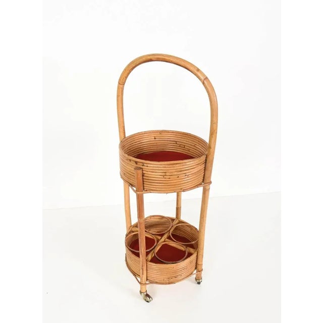 Italian Red Velvet, Bamboo & Rattan Bar Trolley, 1960s For Sale - Image 4 of 17