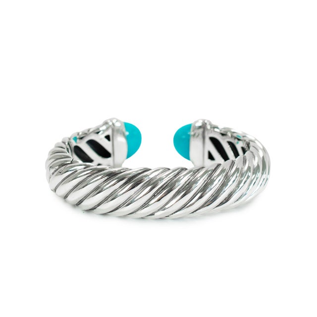 Modern David Yurman Sculpted 925 Silver Turquoise Cable Waverly Cuff Bangle Bracelet For Sale - Image 3 of 8