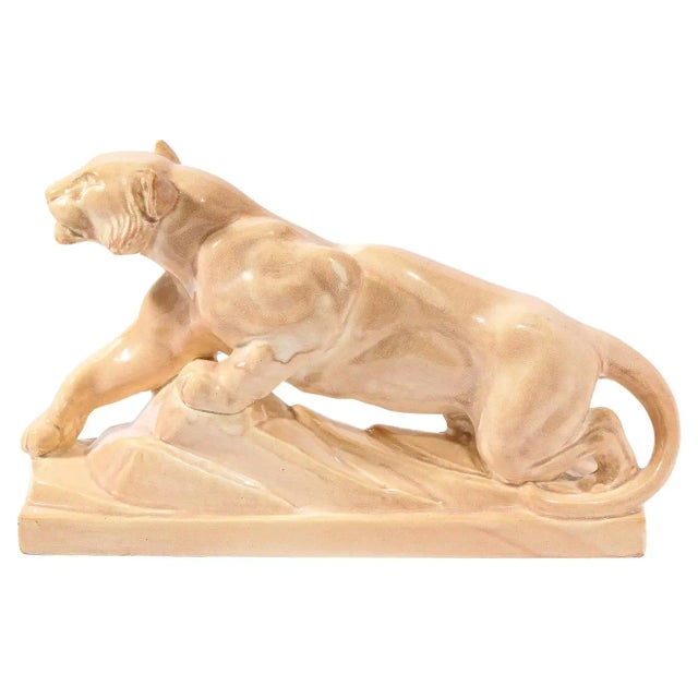 Art Deco Pale Terracotta Ceramic Sculpture of Stylized Pouncing Tiger For Sale - Image 13 of 13