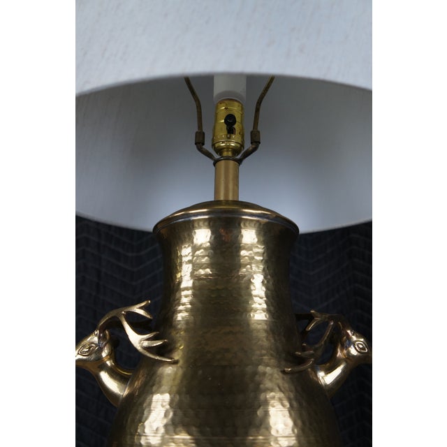 Vintage Hammered Brass Deer Stag Head Handled Urn Vase Table Lamp & Shade For Sale - Image 9 of 12