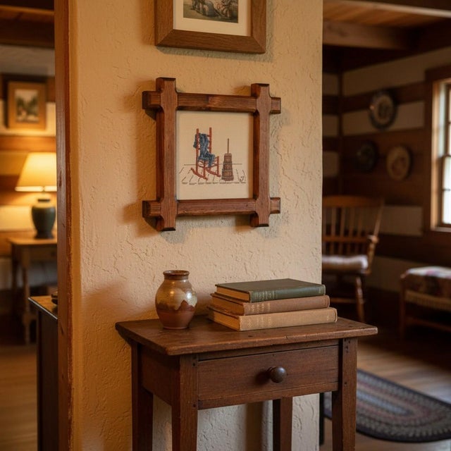 Vintage 1982 Cross Stitch Rocking Chair-Americana-Folk Art-Rustic Wood Frame For Sale - Image 4 of 10