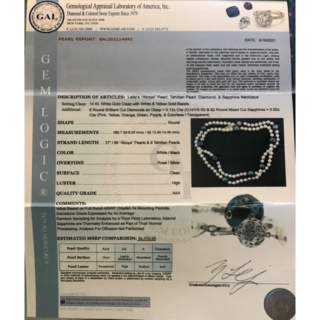 Akoya Tahitian Pearl Diamond Sapphire Necklace 14k Gold Certified For Sale - Image 13 of 16