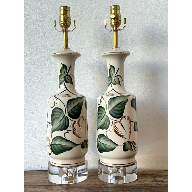 Vintage Glazed Ceramic Ivy Lamps - A Pair For Sale - Image 10 of 12