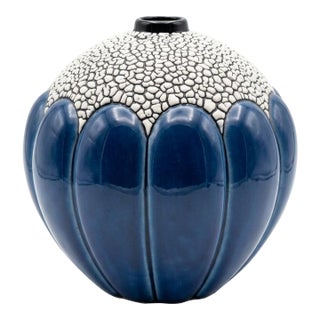 Art Deco Saint-Clément Blue Crackle Spherical Vase Model 712, C. 1930 For Sale