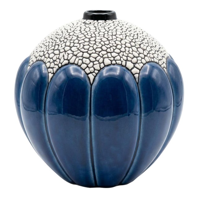 Art Deco Saint-Clément Blue Crackle Spherical Vase Model 712, C. 1930 For Sale