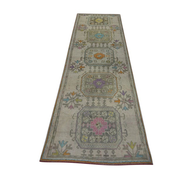 1960s 1960s Colorful Geometric Design Handwoven Wool Vintage Turkish Runner 3'1" X 10'1" For Sale - Image 5 of 6