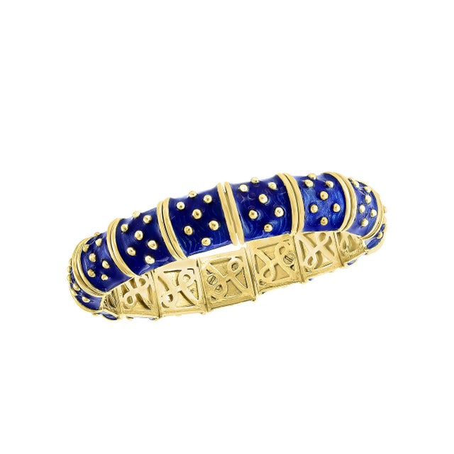 2020s Three-Piece Bangel / Cuff Set Red Green & Blue Enamel 18 Kt Gold 286 Gm, Hidalgo For Sale - Image 5 of 8