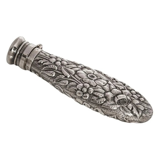 Antique Sterling Silver Perfume Scent Engraved Repousse Bottle Flask London 1873 For Sale - Image 11 of 11