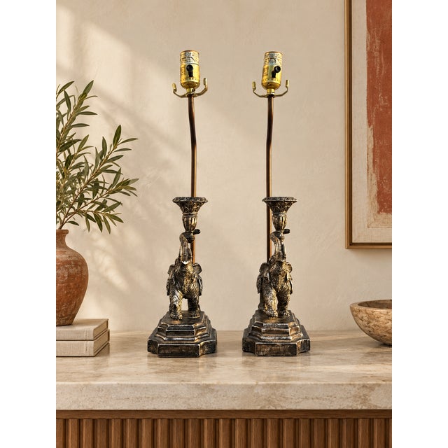 Contemporary Hollywood Regency Ornate Elephant Sculptural Table Lamps - Pair For Sale - Image 3 of 9