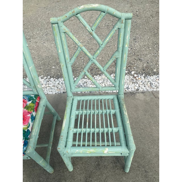 Mid-Century Coastal Boho Distressed Aqua Rattan Chippendale Dining Chairs- Set of 4 For Sale - Image 9 of 13