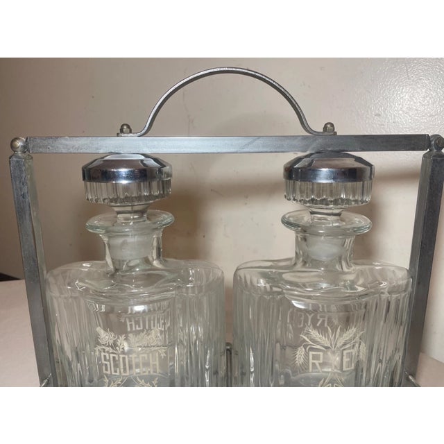 1970s Vintage Mid Century Modern Glass Tantalus Decanter Scotch Rye Liquor Bottle Set - 3pcs For Sale - Image 5 of 13