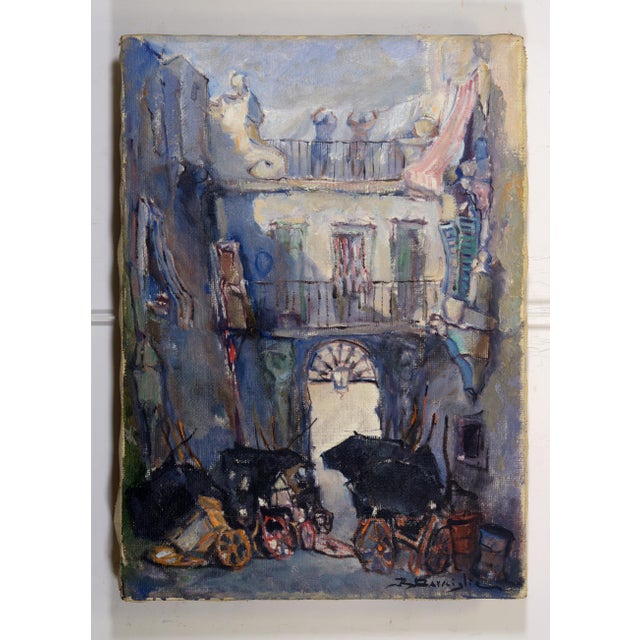 Raffaele Barscigliè, Naples Street Scene with Carriages, 1950s, Oil on Canvas For Sale - Image 7 of 7