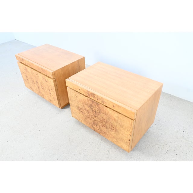 1970s Milo Baughman Style Mid-Century Burl Wood Nightstands by Lane Furniture, Pair | Newly Refinished For Sale - Image 5 of 14
