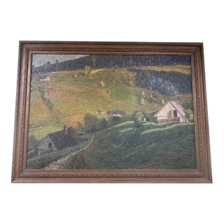 Large Antique European Pastoral Landscape Oil Painting, Signed, Circa 1920s–1940s For Sale