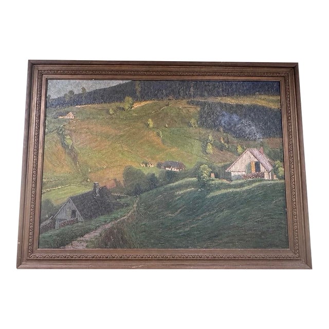 Large Antique European Pastoral Landscape Oil Painting, Signed, Circa 1920s–1940s For Sale
