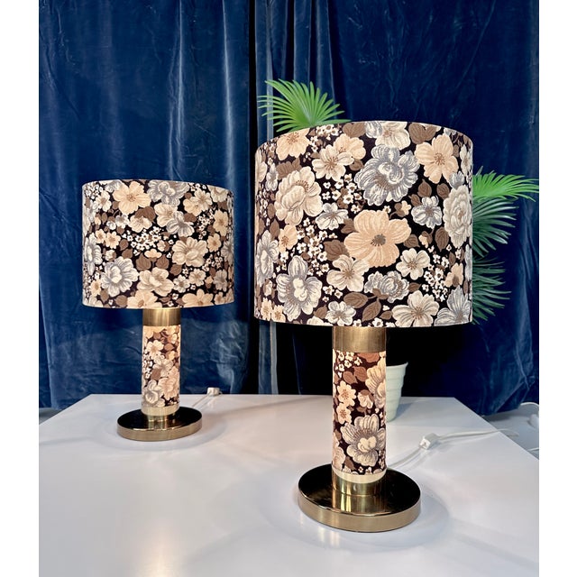 Metal Large Brutalist Table Lamps in Velvet and Brass with Opulent Floral Decor, 1970s, Set of 2 For Sale - Image 7 of 18