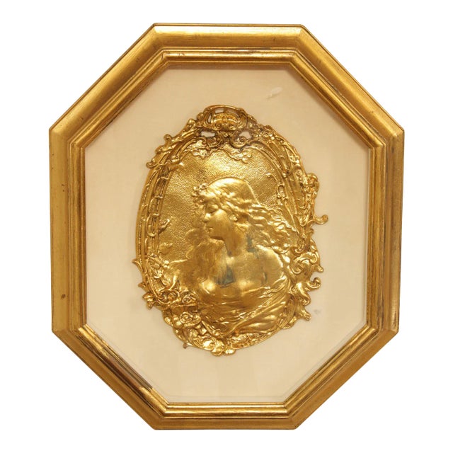 Art Nouveau Style Figural Gilt Cast Plaque, Custom Framed For Sale