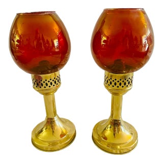 Pair of Vintage 1970s Brass Oil Lamp With Iridescent Red Removable Glass For Sale