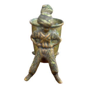 1960s Folk Art Brass Toothpick/Match Holder Thimble Basket Held by 2 Turkish Workmen