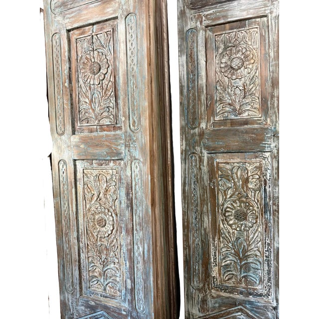 Antique Carved Wooden Door Panel | Distressed Blue Floral Rustic Barn Door 96x27 For Sale In Orlando - Image 6 of 6
