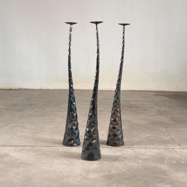 Sculptural Candleholders in Burnished Metal, Italy, 1980s, Set of 3 For Sale - Image 3 of 18