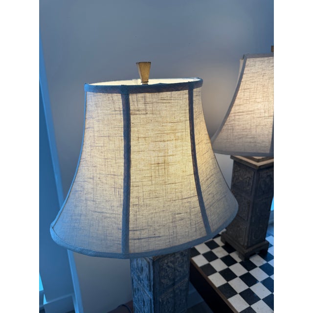 Uttermost Attributed to Uttermost Carved Wood Table Lamps W/ Shades (32"h) - a Pair For Sale - Image 4 of 12