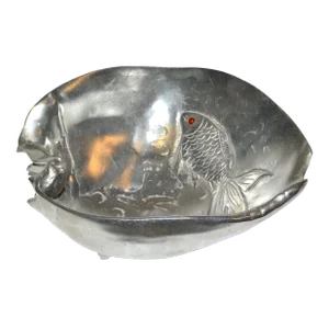Arthur Court 1977 Nautical Aluminum Koi Fish Footed Shell Bowl Red Carnelian Eye