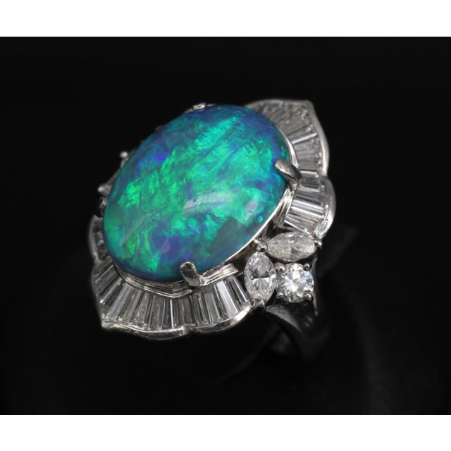 Platinum Late 20th Century Fine 7.41ct Natural Untreated Black Opal 2.06ct Diamond Platinum Ring Size 6 For Sale - Image 8 of 18