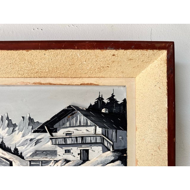 Wood 1970s Vintage Carved Wood Relief Winter Landscape Painting, Signed For Sale - Image 7 of 12