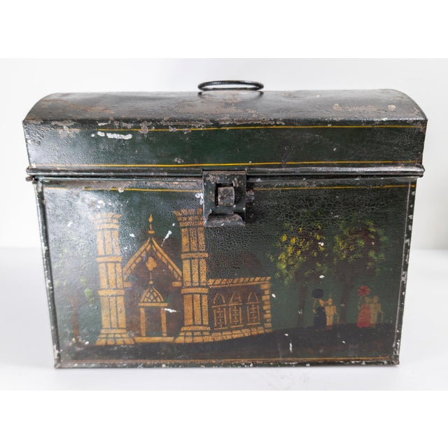 19th Century Folk Art Americana Primitive Toleware Document Box With Church and Figures For Sale - Image 4 of 16