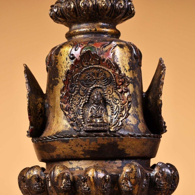 Large Vintage Gilt Bronze Tibetan Stupa - Himalayan Buddhist Chorten Altar Shrine For Sale In Los Angeles - Image 6 of 10