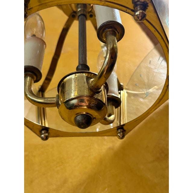 Neoclassical Vintage Brass and Glass 3 Light Fixture For Sale - Image 3 of 7