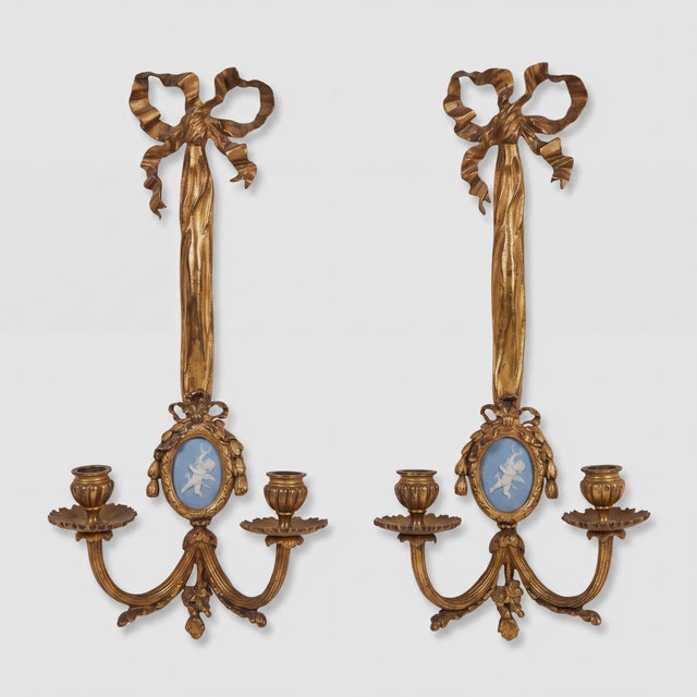 Antique French Louis XVI Style Gilt Bronze Ribbon Jasperware Putti Sconces - Pair For Sale - Image 9 of 9