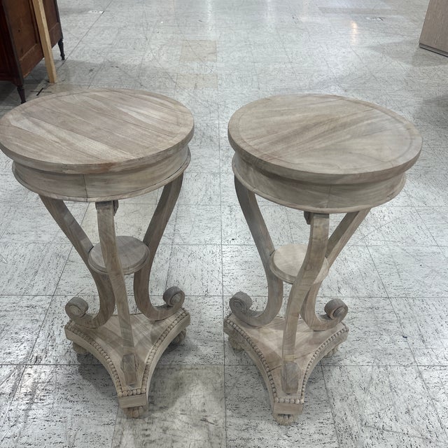 Pair 2 tier bleached Biedermeier stands/pedestals carved with round tops