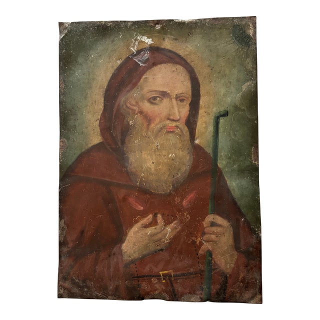 Antique 19th Century Mexican Folk Art, Retablo, St. Francis of Paola, Oil on Tin For Sale