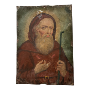 Antique 19th Century Mexican Folk Art, Retablo, St. Francis of Paola, Oil on Tin