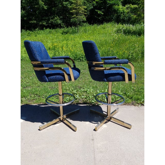 Art Deco Mid-Century Modern Milo Baughman Brass Frame Swivel Base Bar Stools - a Pair For Sale - Image 3 of 13