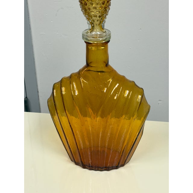 Amber Diamond Star Amber Pressed Glass Fan Form Decanter + Hobnail Stopper, Vintage For Sale - Image 8 of 12