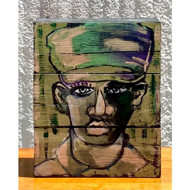 Contemporary Original Abstract Oil Portrait on Crate Signed Roland For Sale In West Palm - Image 6 of 6