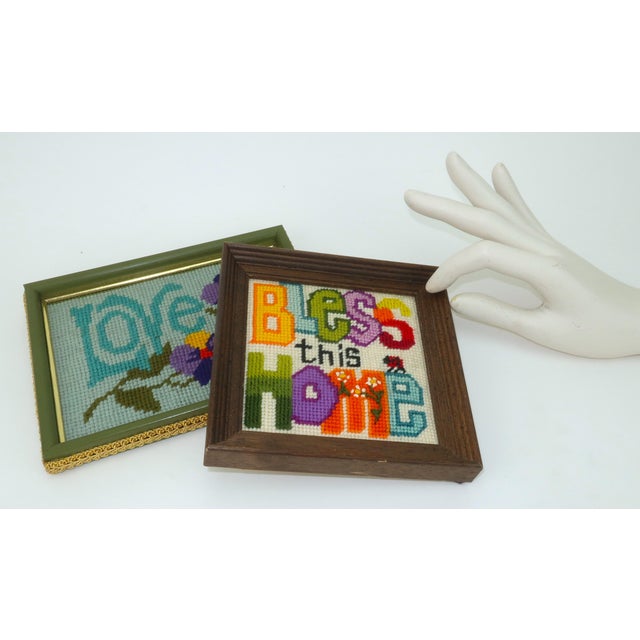 Framed Vintage 'Love' & 'Bless This Home' Needlepoints, a Pair For Sale - Image 9 of 11