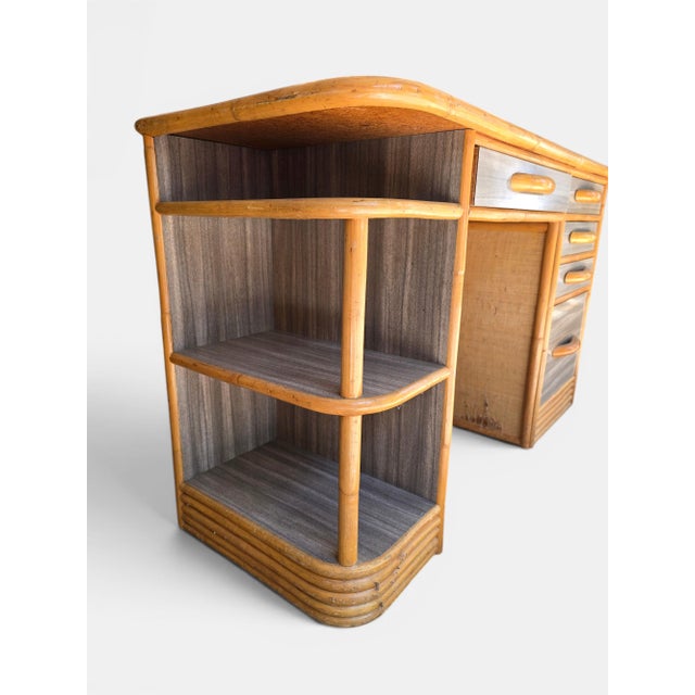 Mid Century Rattan Grasscloth Streamline Wood Desk and Chair Rare find in this good of condition Beautiful rattan frame...