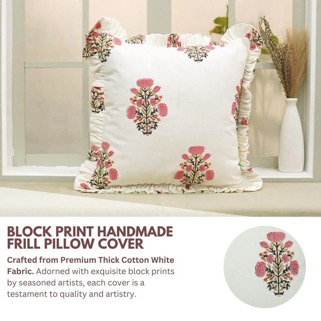 Elevate your space with this artisan-made block print handmade cushion cover. Crafted from thick cotton white , this...