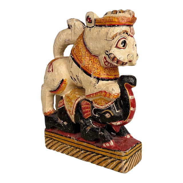 Vintage Hindu Gajasimha Foodog Lion W/ Elephant Painted Sculpture - 12" For Sale