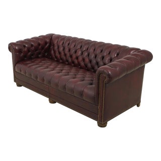 English Style Burgundy Leather Tufted Chesterfield Sofa For Sale