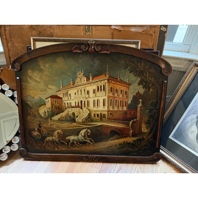 The scene — a grand villa with double curving staircases, a horse-drawn carriage, formal gardens — is a hand-painted...