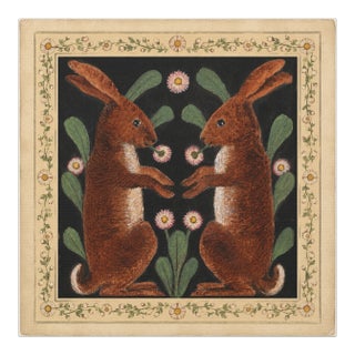 Atelier Aria Lumae Arts and Crafts Symmetrical Hares Folklore Fine Art Gallery Board Print With Integrated Floral Border Design 18 X 18 For Sale