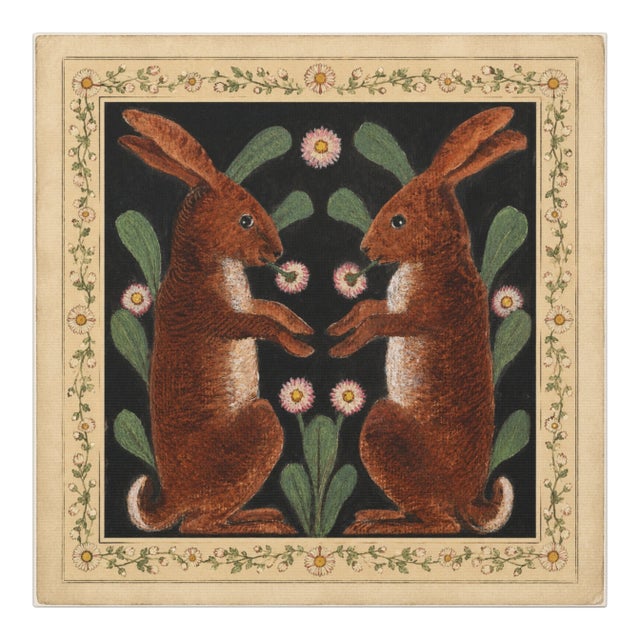 Atelier Aria Lumae Arts and Crafts Symmetrical Hares Folklore Fine Art Gallery Board Print With Integrated Floral Border Design 18 X 18 For Sale
