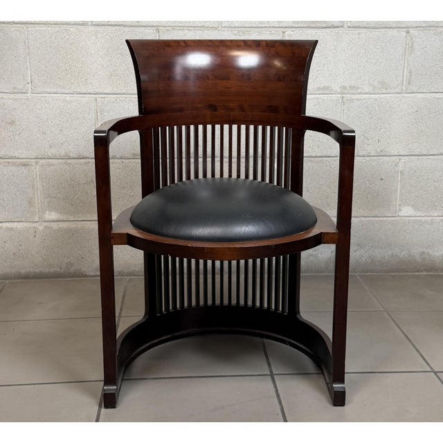 Brown Barrel Chair in Wood and Black Leather by Frank Lloyd Wright for Cassina, 1940s For Sale - Image 8 of 16