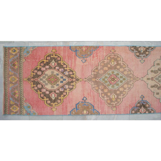 Pink 1960s Traditional Turkish Runner Hand Knotted Distressed Low Pile Pink Hallway Rug Kitchen Decor For Sale - Image 8 of 12