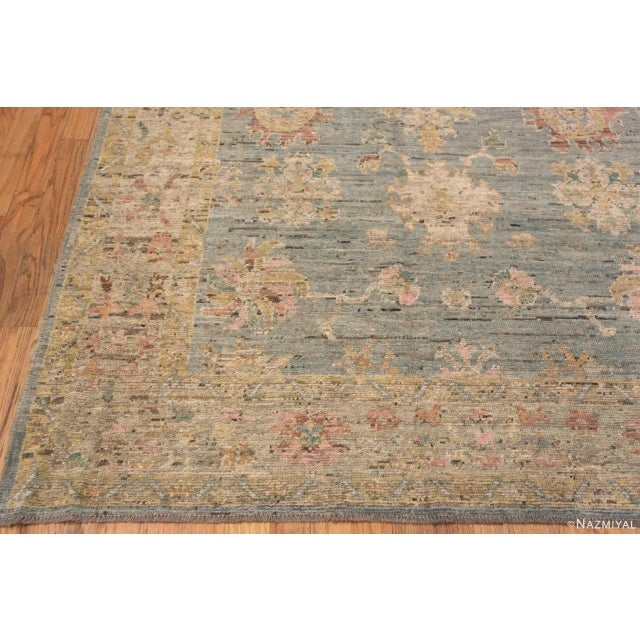 Light Blue Background Turkish Oushak Design Modern Room Size Rug For Sale In New York - Image 6 of 7